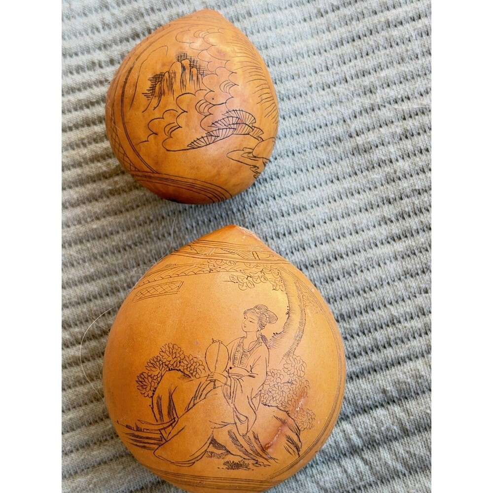 Pair Vintage Chinese Hand Carved Lanzhou Gourd Carvings With Figures 